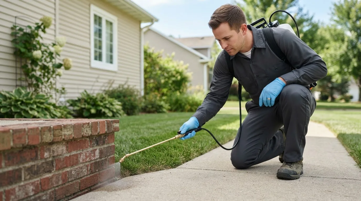 Pest control technician treating a home near Bowdoin, ME